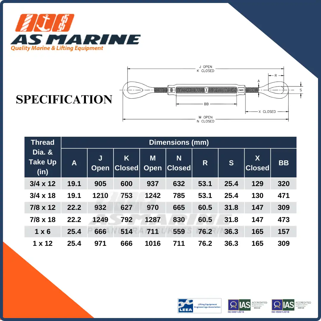 Spesifikasi Crosby USA Turnbuckle / Spanskrup Eye & Eye HG226